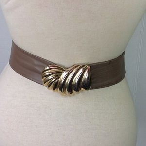 1980's Revcor Brown Leather Belt Gold Shell Buckle